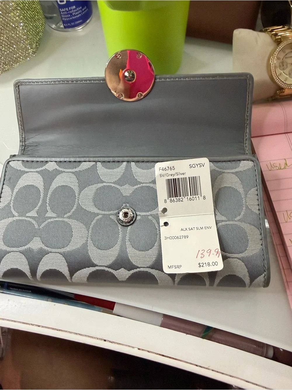 Coach Gray Signature Jacquard Wallet with Decorative Silver Medallion